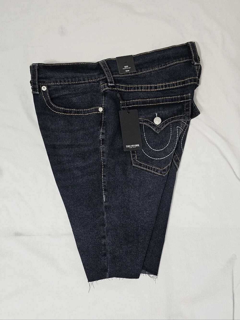 True Religion Ricky Big T Flap Raw Hem Denim Shorts Men's 34 Dark Wash Relaxed
